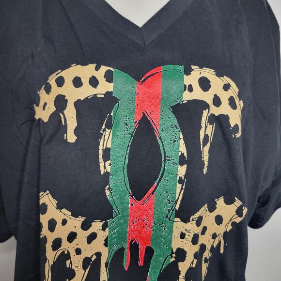 Designer-Ish Girl Gang Black Leopard Print Green Red V Neck Tee Shirt Top NEW 2X - Picture 3 of 6